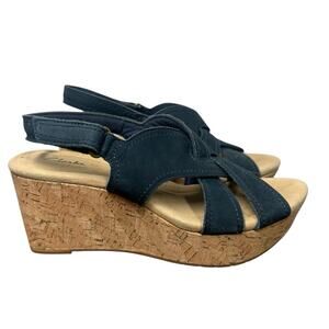 Clarks Rose Erin Womens Navy Blue Nubuck Leather Wedge Strappy Sandals Sz‎ 8.5 W